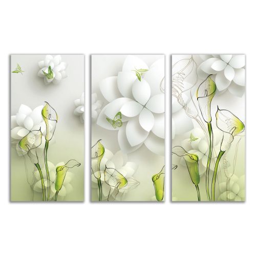 9019 Wall art decoration (set of 3 pieces) Flowers - white and green