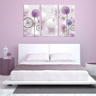 9022 Картина пано от 3 части Глухарчета - бяло и лилаво за спалня