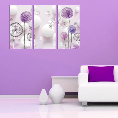 9022 Wall art decoration (set of 3 pieces) Dandelions - white and purple