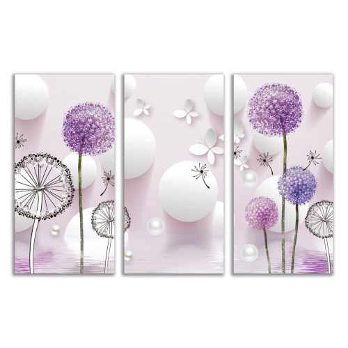 9022 Wall art decoration (set of 3 pieces) Dandelions - white and purple