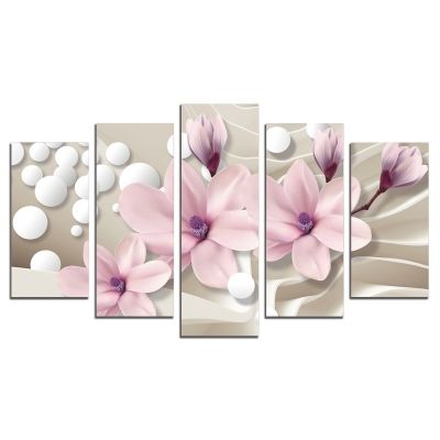 9026  Wall art decoration (set of 5 pieces) Magnolias and spheres