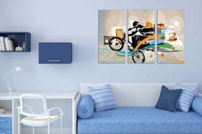 0770 Картина пано от 3 части Абстракция- момче с велосипед за детска стая