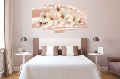 0750  Wall art decoration (set of 5 pieces) White orchids on brown background for bedroom