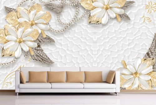 T9085 Wallpaper 3D Flowers - diamonds and gold