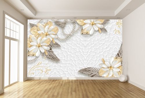 T9085 Wallpaper 3D Flowers - diamonds and gold