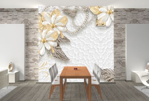 T9085 Wallpaper 3D Flowers - diamonds and gold