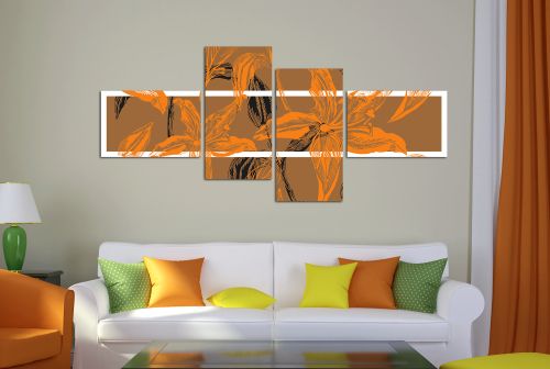 0133_1 Floral Wall art decoration (set of 4 pieces) in brown and orange