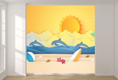 T9127 3D Wallpaper Beach, sun, dolphins