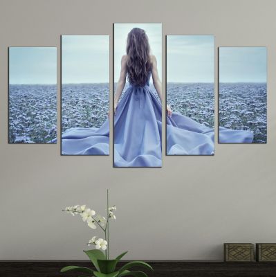 0813 Картина-пано от 5 части Момиче със синя рокля