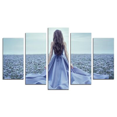 0813 Картина-пано от 5 части Момиче със синя рокля