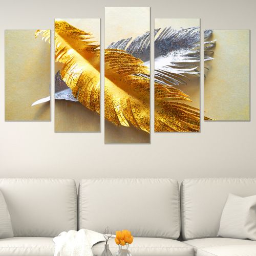 0825 Wall art decoration (set of 5 pieces)  Leaves - gold and silver