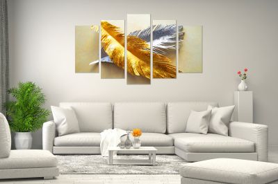 0825 Wall art decoration (set of 5 pieces)  Leaves - gold and silver