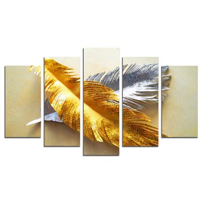 0825 Wall art decoration (set of 5 pieces)  Leaves - gold and silver