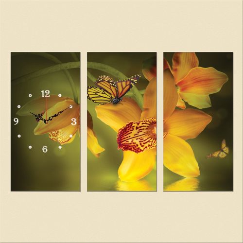 C0103_3 Часовник от 3 части с принт Жълти орхидеи