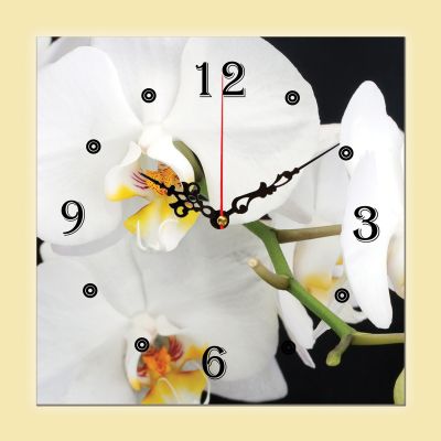 C0138_1 Часовник с принт Бяла орхидея на черен фон