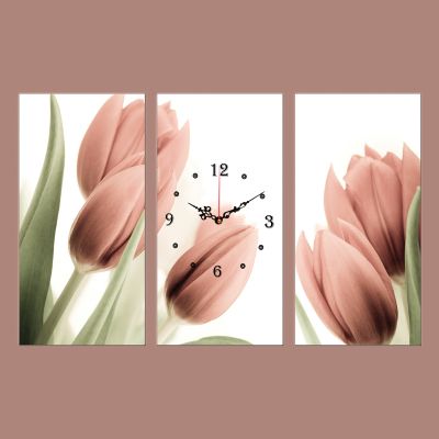 C0141_3 Стенен часовник от 3 части с принт Нежно розови лалета