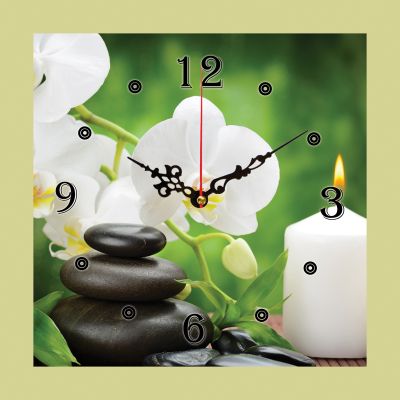 C0146_1 Часовник с принт Бели орхидеи на зелен фон