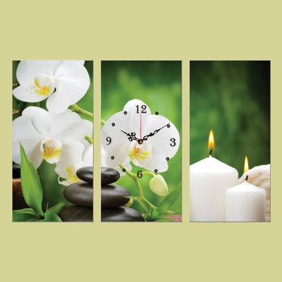 C0146_3 Часовник от 3 части с принт Бели орхидеи на зелен фон