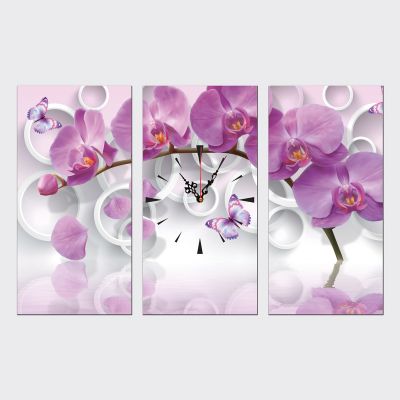 C9013_3 Часовник от 3 части с принт 3D Лилави орхидеи
