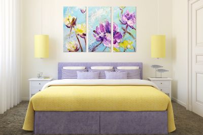 0845 Картина пано от 3 части Арт цветя - лилаво и жълто