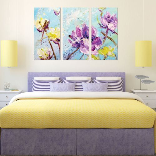 0845 Wall art decoration (set of 3 pieces) Art flowers - yellow and purple