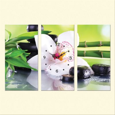 C0162_3 Стенен часовник от 3 части с принт Бяла орхидея с отражение