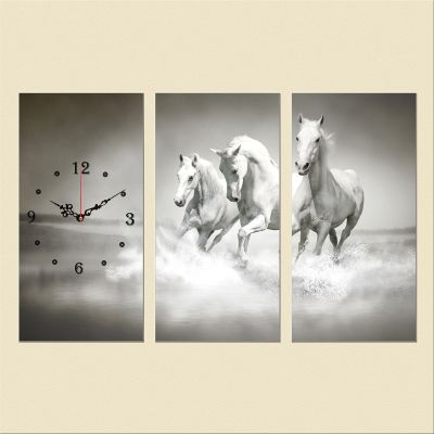 C0169_3 Стенен часовник от 3 части с принт Бели коне