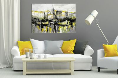 Картина за хол 0780 Картина Абстракция - пейзаж с лодки в сиво и жълто