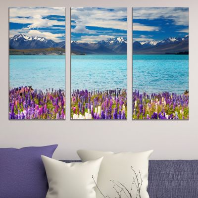 0862 Картина пано от 3 части Планински пейзаж с езеро и цветя