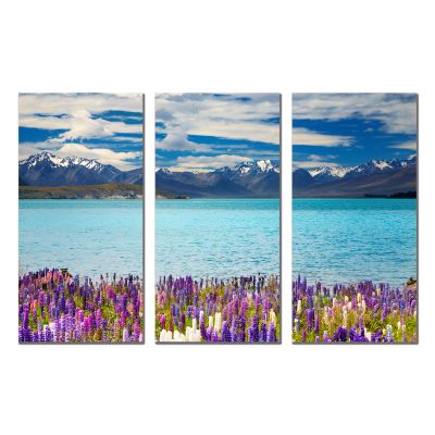 0862 Картина пано от 3 части Планински пейзаж с езеро и цветя за спалня
