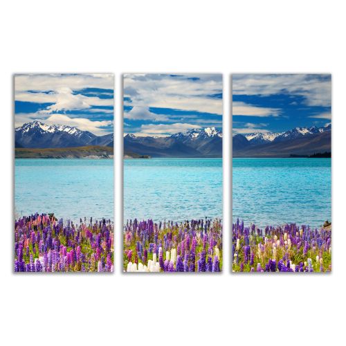 0862 Wall art decoration (set of 3 pieces) Mountain landscape with lake and flowers