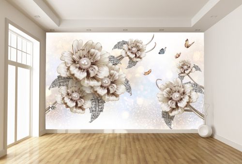 T9158 Wallpaper 3D Composition with flowers and jewelry