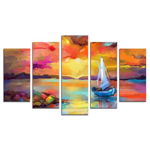 0870 Wall art decoration (set of 5 pieces) Abstract seascape with boat