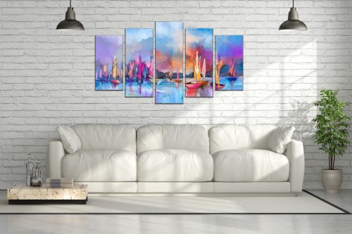0874 Wall art decoration (set of 5 pieces) Seascape with boats