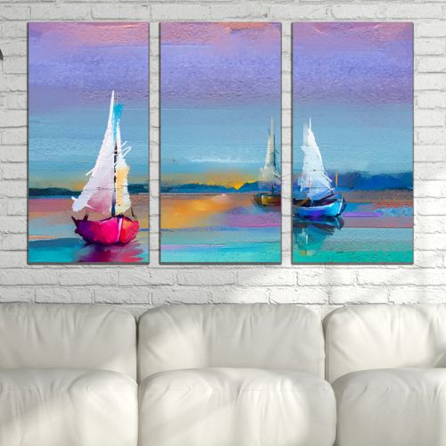 0875 Wall art decoration (set of 3 pieces) Seascape with boats