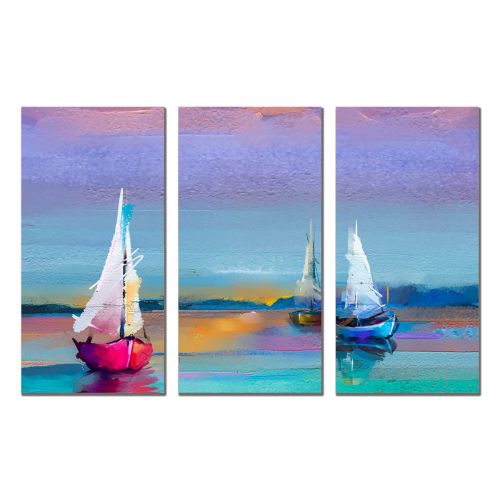 0875 Картина пано от 3 части Морски пейзаж с лодки