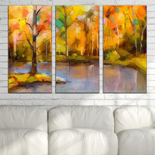 0877 Картина пано от 3 части Абстрактен пейзаж с дървета и езеро