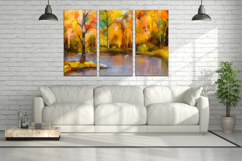 0877 Картина пано от 3 части Абстрактен пейзаж с дървета и езеро