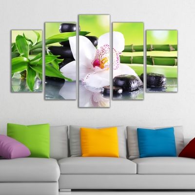 0162 Wall art decoration (set of 5 pieces) White orchid with reflection
