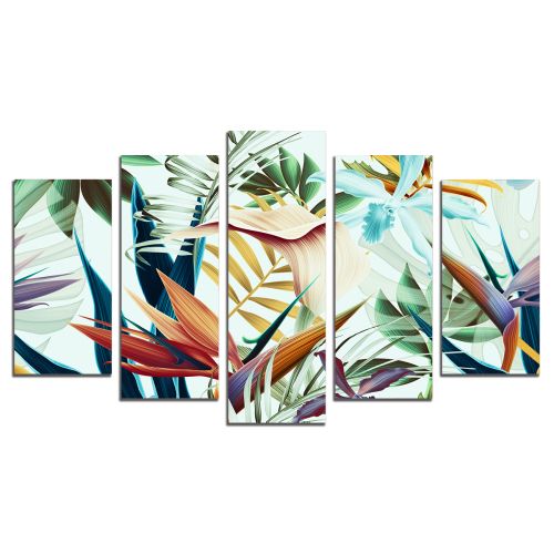 0892 Wall art decoration (set of 5 pieces) Colorful Tropical leaves