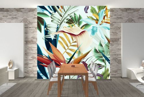 T0892 Wallpaper Colorful tropical leaves