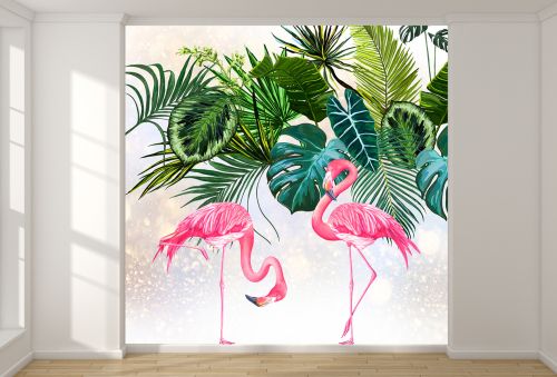 T9180 Wallpaper Tropical leaves and flamingos
