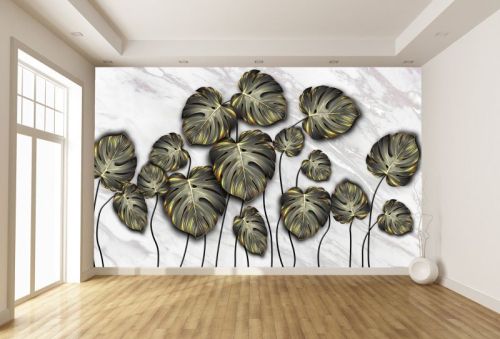 T0894 Wallpaper Tropical leaves black and gold