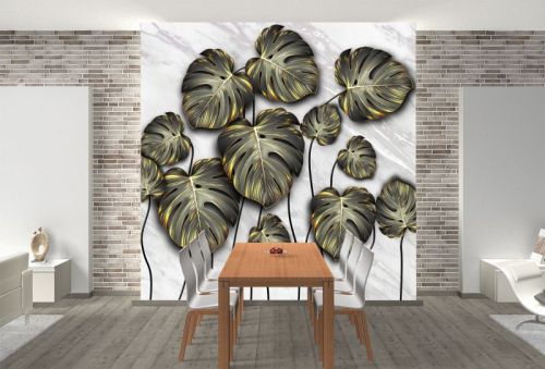 T0894 Wallpaper Tropical leaves black and gold