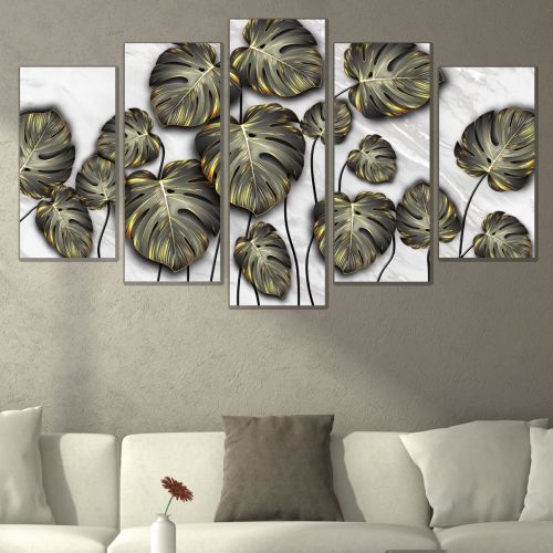 0835  Wall art decoration (set of 5 pieces) Golden leaves for living room