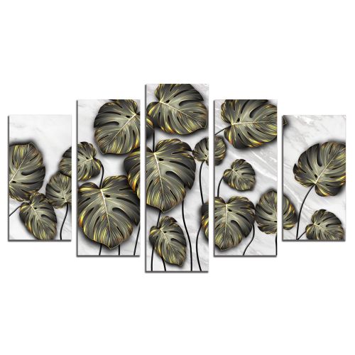 0894 Wall art decoration (set of 5 pieces) Tropical leaves in black and gold