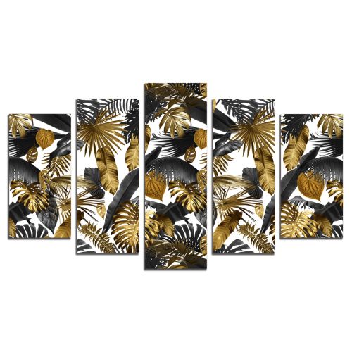 0895 Wall art decoration (set of 5 pieces) Tropical leaves in black and gold