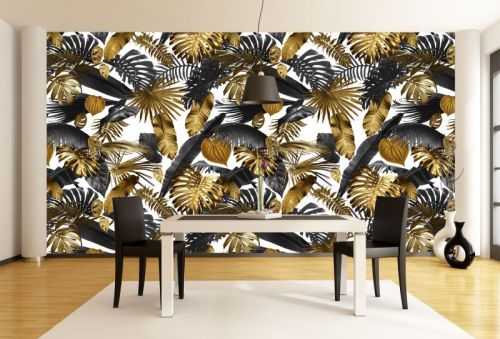 T0895 Wallpaper Tropical leaves black and gold