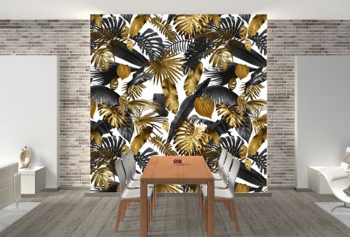 T0895 Wallpaper Tropical leaves black and gold