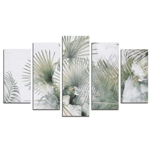 0896 Wall art decoration (set of 5 pieces) Tropical leaves in green